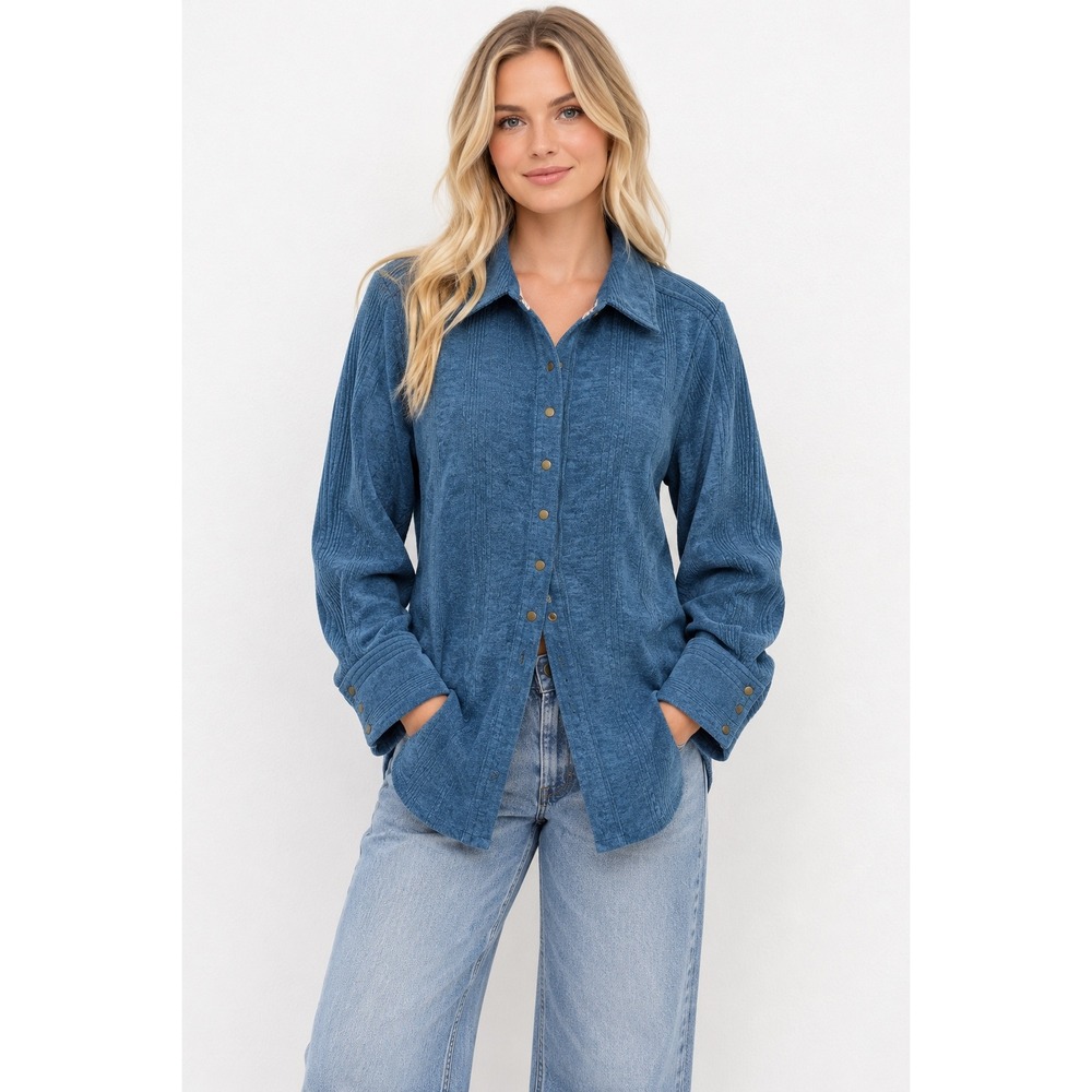 Pilcro Button Down Shirt 1X Blue Textured‎ Ribbed Knit Long Sleeve Anthropologie